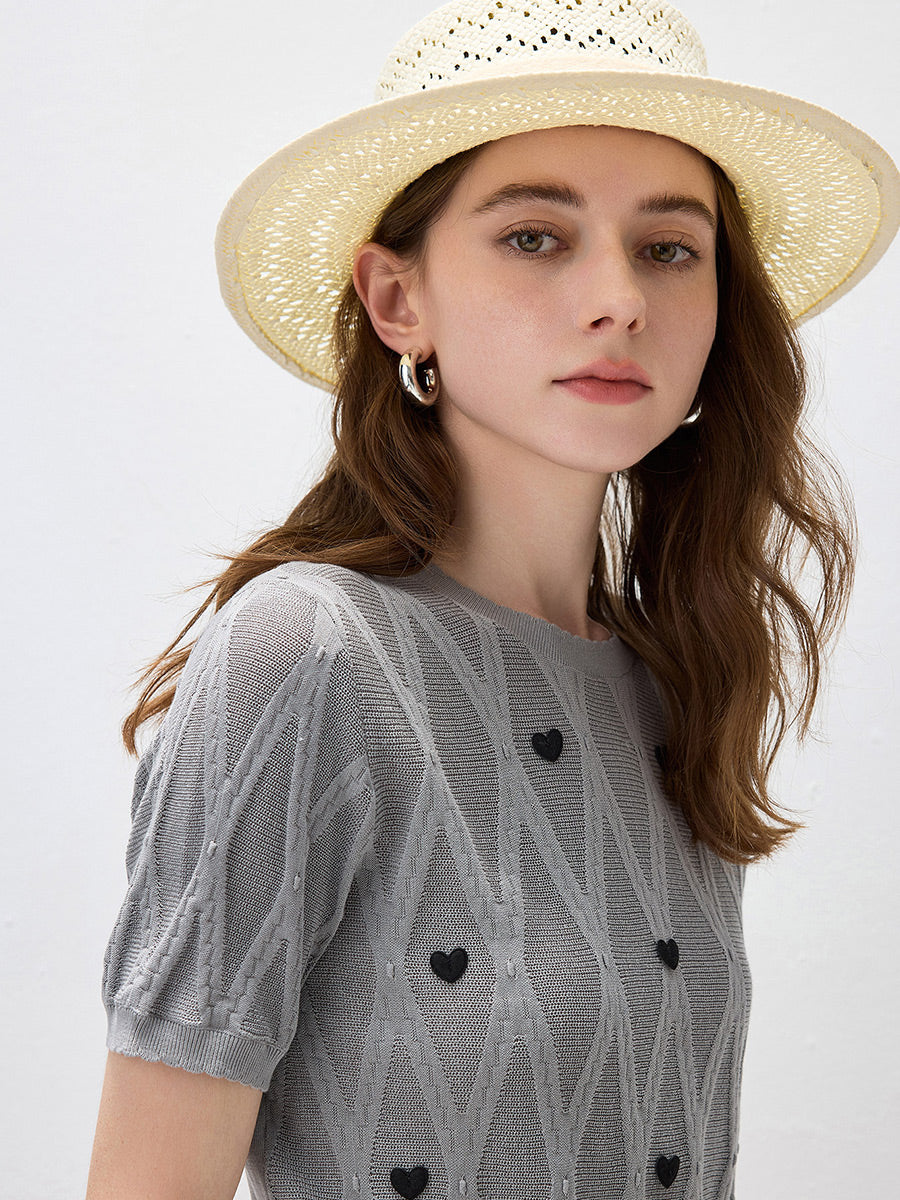 COMOBOCA Women's Heart Appliques Diamond Knit Top