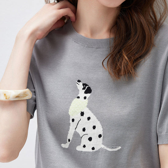 COMOBOCA Women's Dalmatian Intarsia Knit T-Shirt