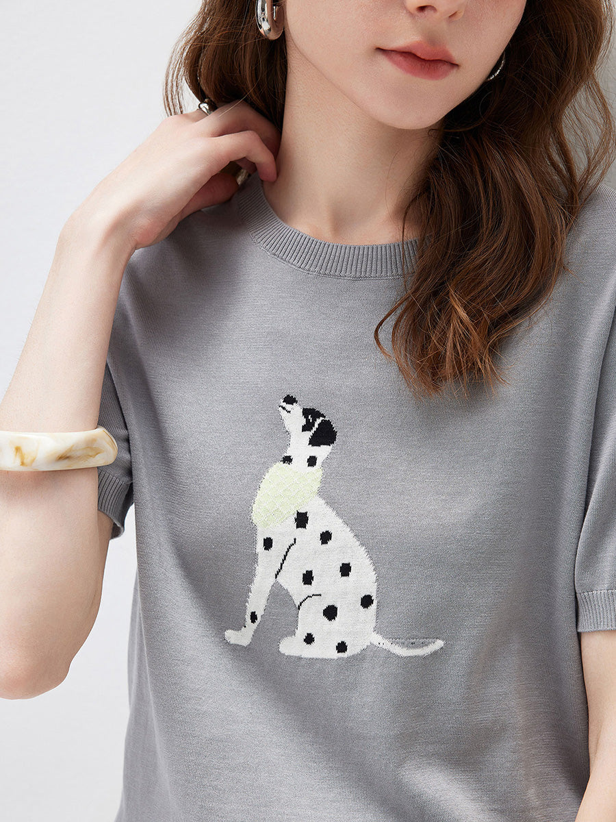 COMOBOCA Women's Dalmatian Intarsia Knit T-Shirt