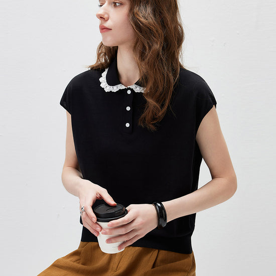 COMOBOCA Women's Lace Trim Collar Knit Polo T-Shirt