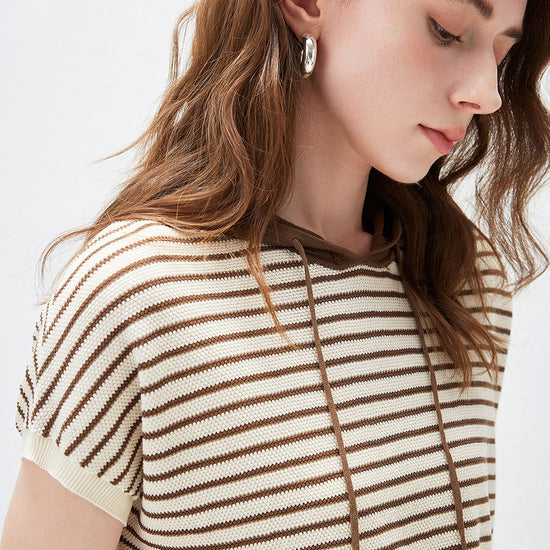 COMOBOCA Women's Striped Contrast Hooded Knit T-Shirt