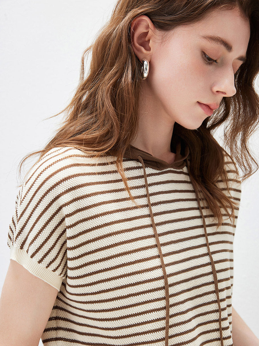 COMOBOCA Women's Striped Contrast Hooded Knit T-Shirt