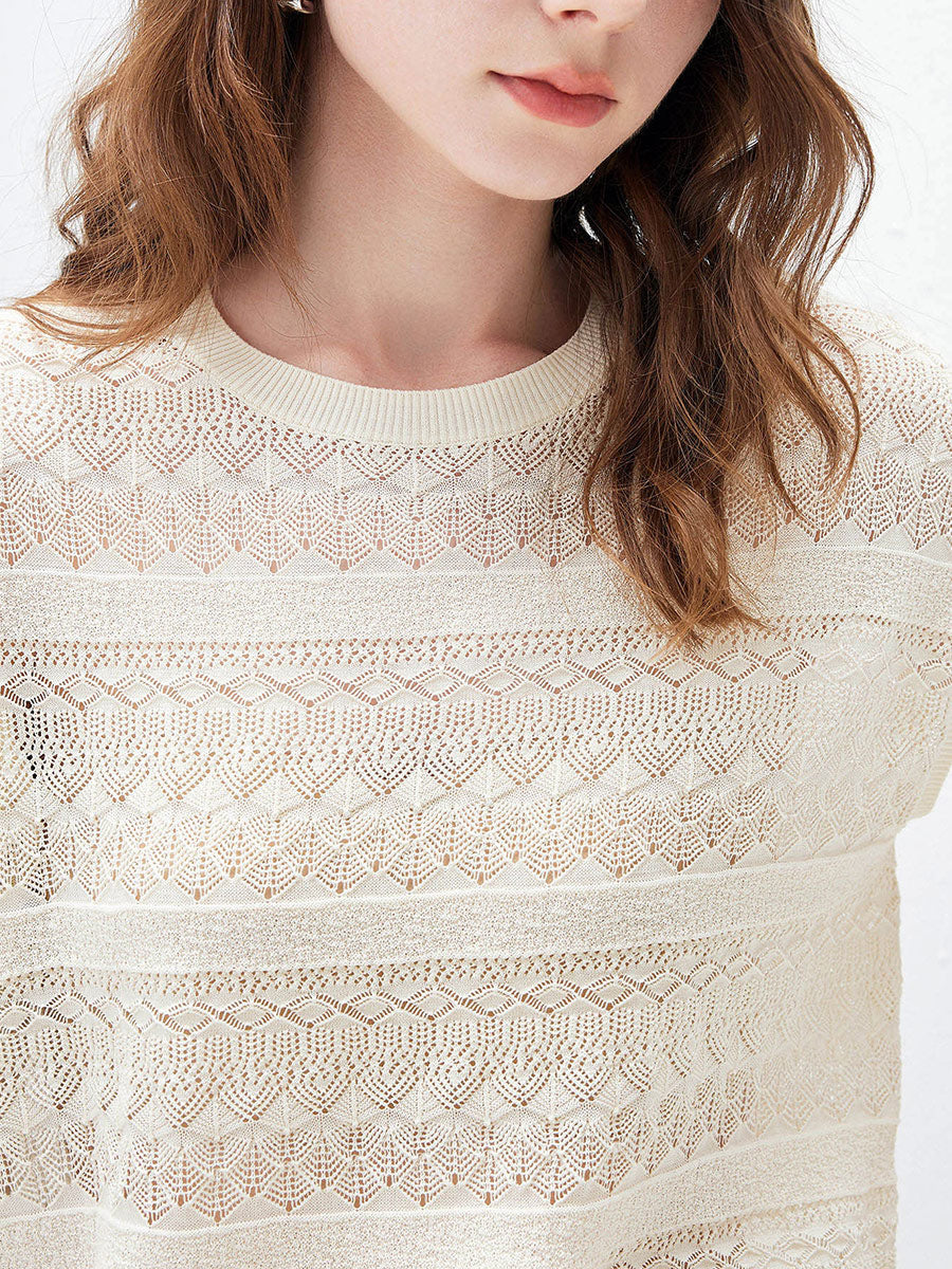 COMOBOCA Women's Openwork Striped Sleeveless Knit T-Shirt