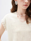 Women's V-Neck Silk-Cotton Jacquard Knit Short Sleeve T-Shirt