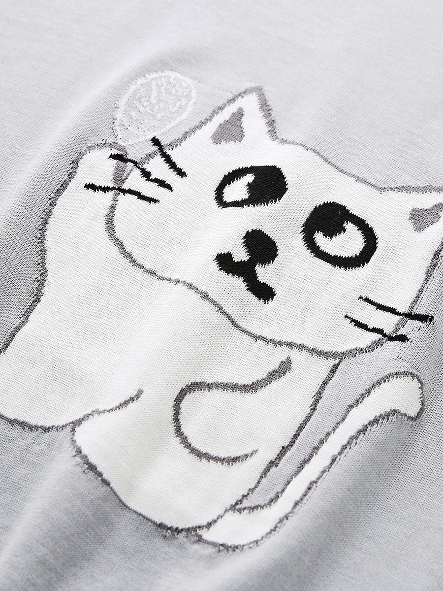 COMOBOCA Women's Cat And Tennis Intarsia Knit T-Shirt