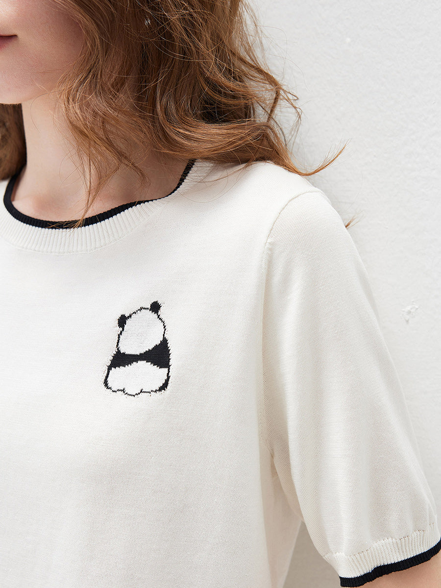 COMOBOCA Women's Panda Motif Contrast Trim Knit T-Shirt