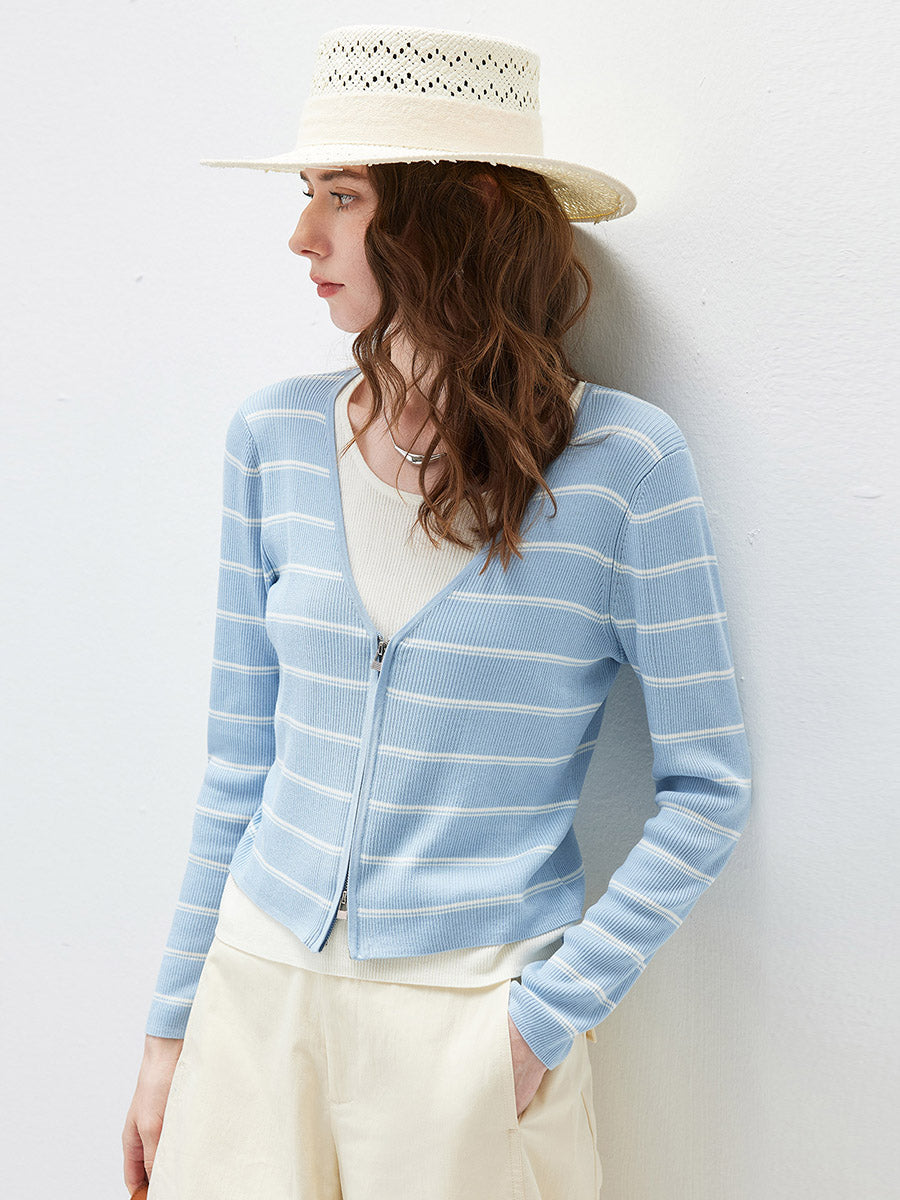 COMOBOCA Women's Striped Ribbed Knit Faux 2-in-1 Zip Cardigan