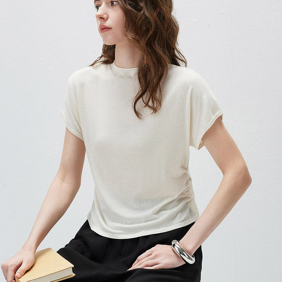 COMOBOCA Women's Side Ruched Mock Neck Knit T-Shirt