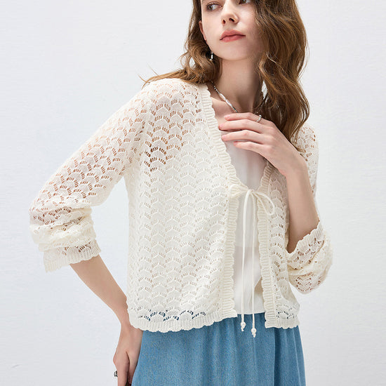 COMOBOCA Women's Linen Lace Knit Tie Front Cardigan