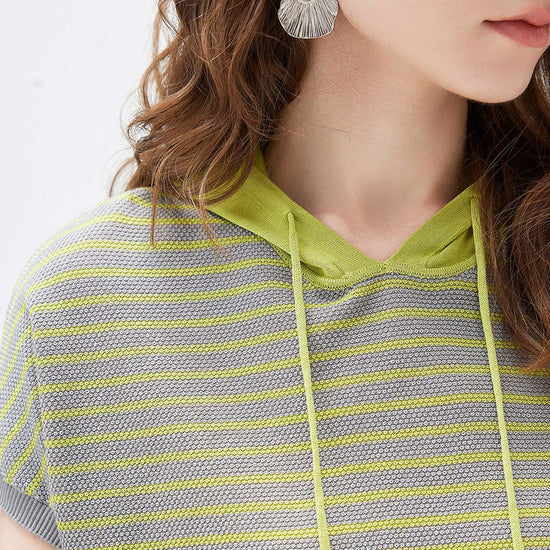 COMOBOCA Women's Striped Contrast Hooded Knit T-Shirt