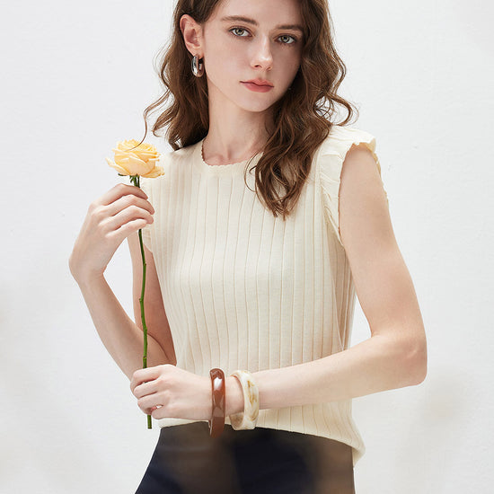 COMOBOCA Women's Ruffled Cap Sleeve Ribbed Knit Blouse