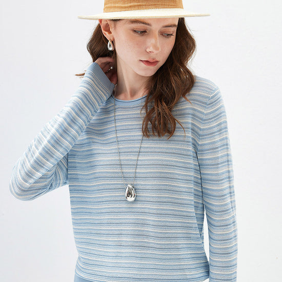 COMOBOCA Women's Striped Mesh Knit Round Neck Sweater