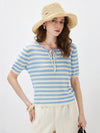 COMOBOCA Light Blue Women's Tie-Neck Striped Knit T-Shirt