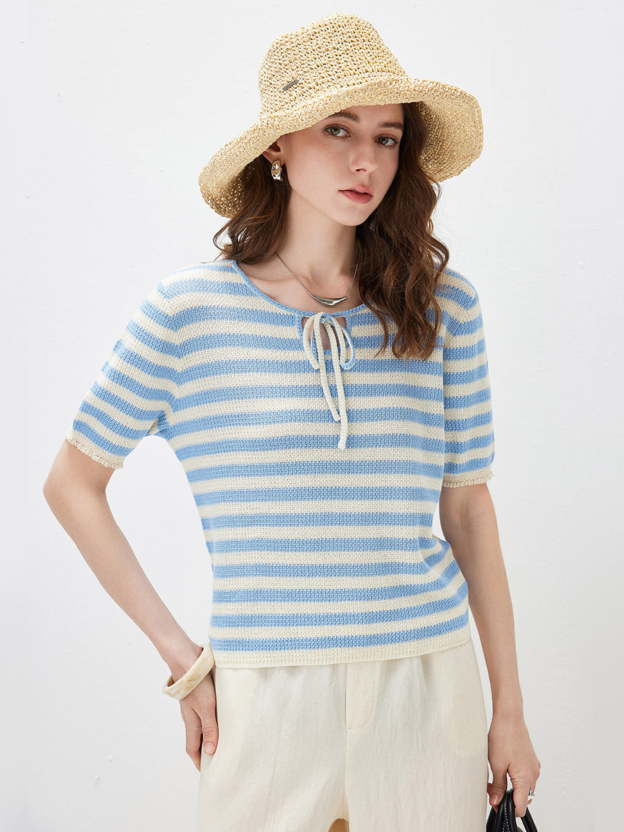 COMOBOCA Light Blue Women's Tie-Neck Striped Knit T-Shirt