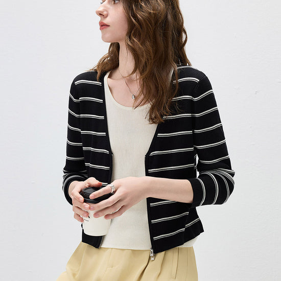 COMOBOCA Women's Striped Ribbed Knit Faux 2-in-1 Zip Cardigan