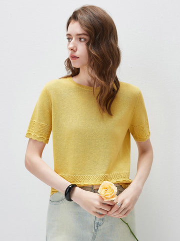 COMOBOCA Yellow Women's Scalloped Lace Trim Knit T-Shirt