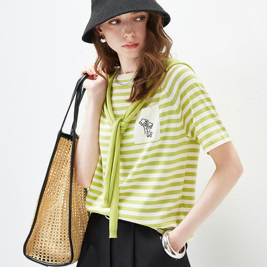 COMOBOCA Women's Striped Embroidered Pocket Knit T-Shirt