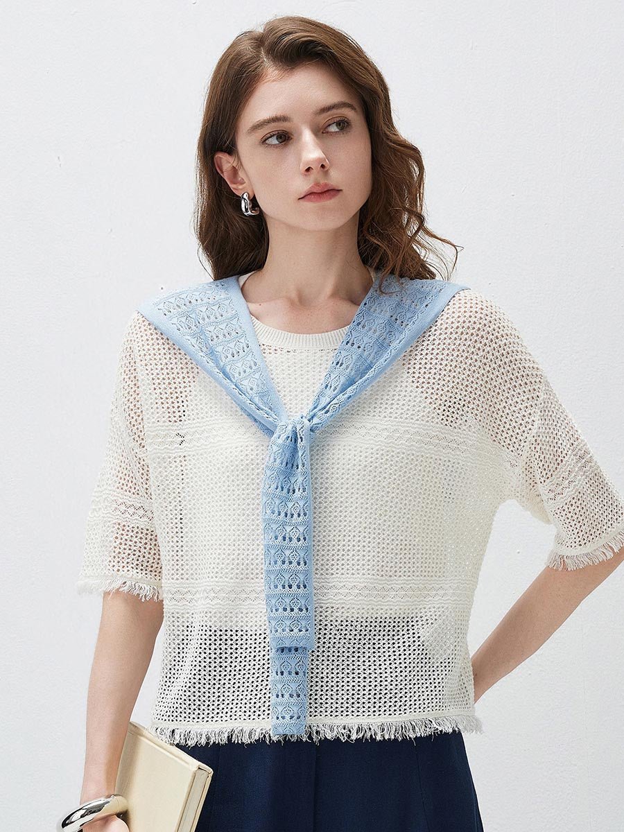 COMOBOCA Light Blue Women's Tie-Front Lace Knit Shawl