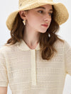 Women's Silk-Cotton Blend Peter Pan Collar Pointelle Knit Short Sleeve Top