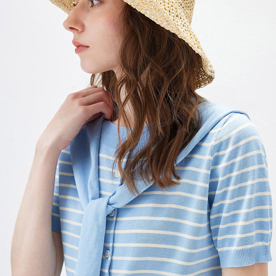 COMOBOCA Women's Striped Short Sleeve Knit Cardigan