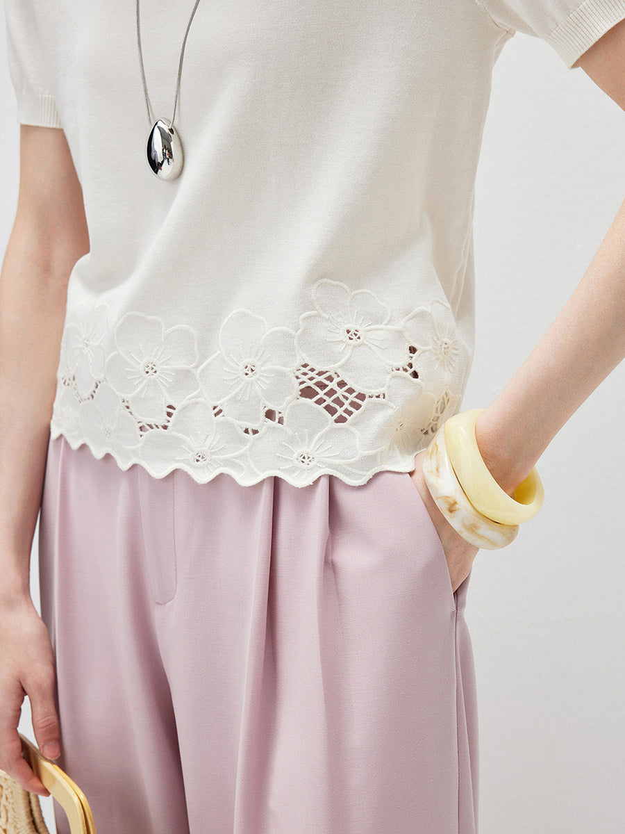 COMOBOCA Women's Floral Lace Trim Knit T-Shirt