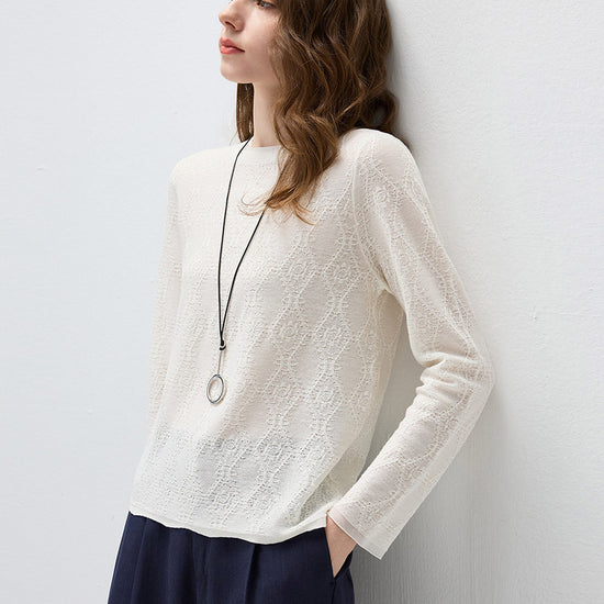 COMOBOCA Women's Textured Sheer Knit Round Neck Sweater