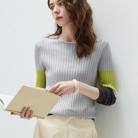 COMOBOCA Women's Ribbed Color Block Round Neck Knit Sweater
