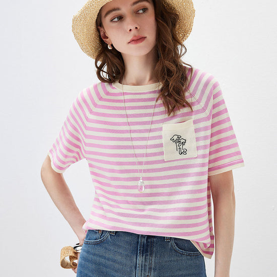 COMOBOCA Women's Striped Embroidered Pocket Knit T-Shirt