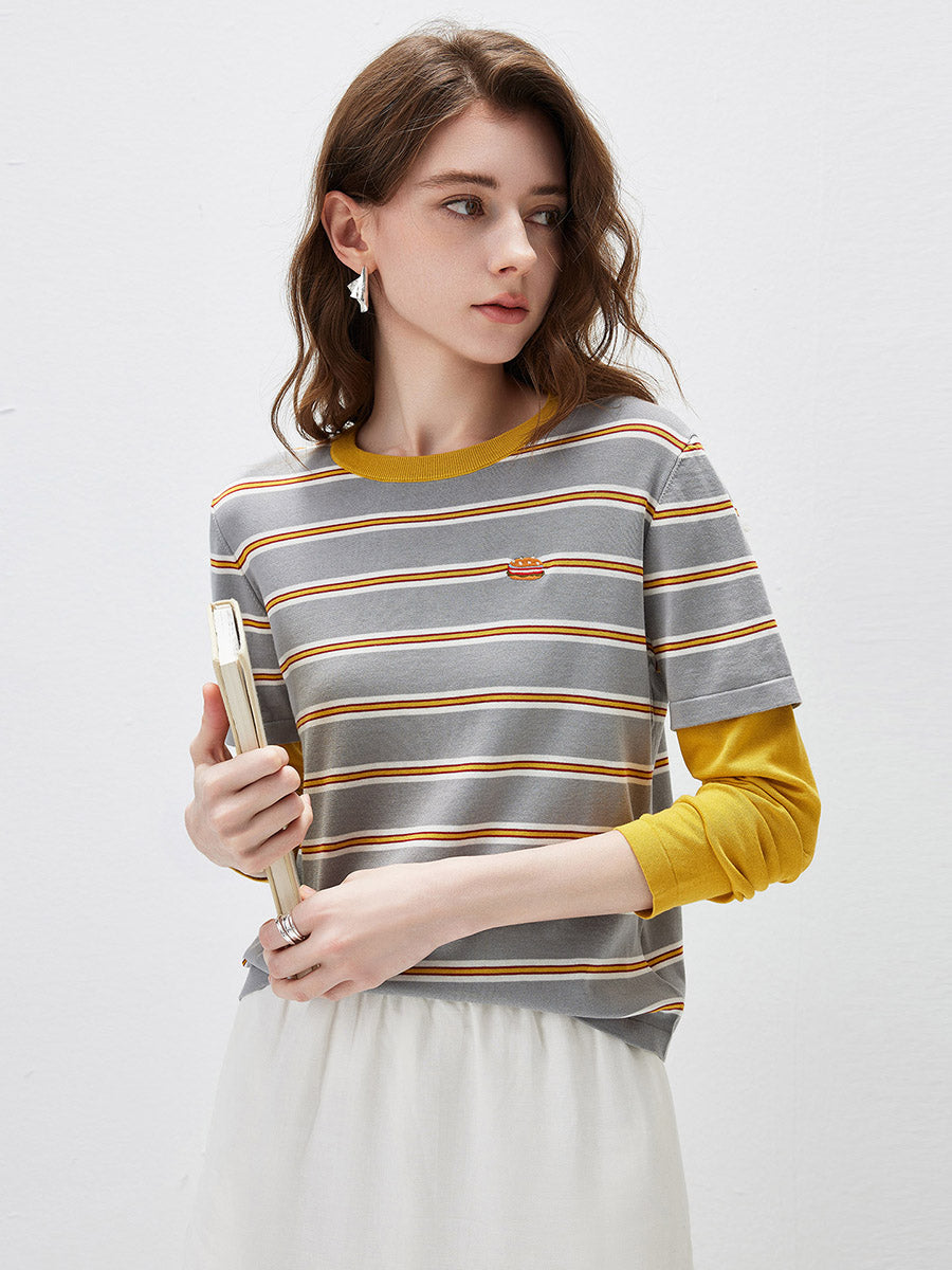 COMOBOCA Women's Layered Striped Round Neck Knit Sweater