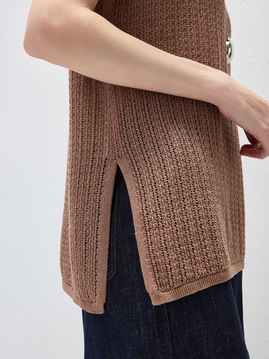 COMOBOCA Women's Openwork Side Slit Knit Top