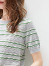 Women's Silk-Cotton Jacquard Stripe Knit Crew Neck Short Sleeve T-Shirt