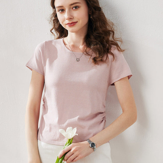 COMOBOCA Light Pink Women's Round Neck Knit T-Shirt