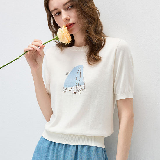 COMOBOCA Cloudy Women's Elephant Intarsia Ribbed Knit T-Shirt