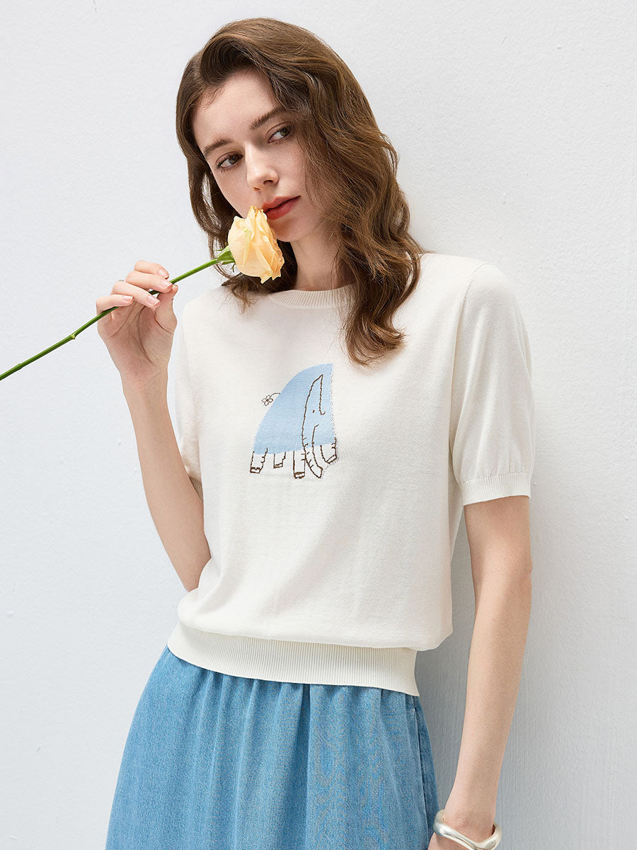 COMOBOCA Cloudy Women's Elephant Intarsia Ribbed Knit T-Shirt