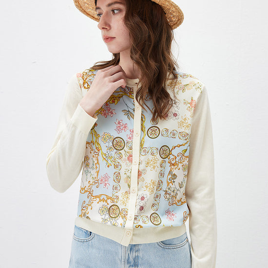 COMOBOCA Women's Printed Panel Knit Cardigan