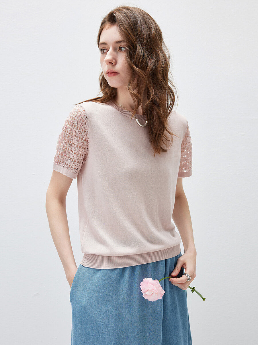 COMOBOCA Women's Lace Round Neck Knit T-Shirt