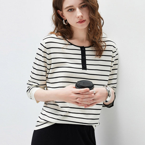 COMOBOCA Women's Stripe Henley Round Neck Sweater