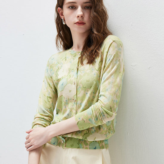COMOBOCA Women's Watercolor Floral Print Knit Cardigan
