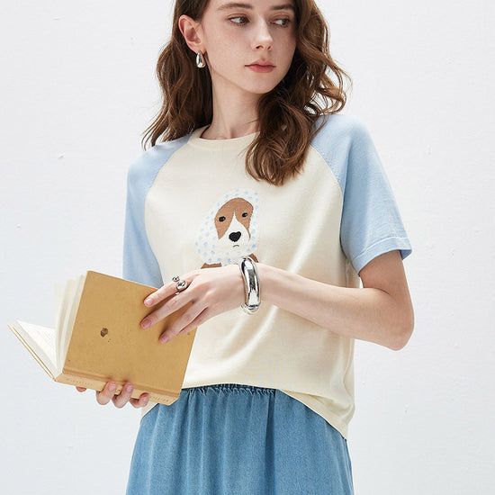 COMOBOCA Light Blue Women's Puppy Intarsia Raglan Sleeve Knit T-Shirt