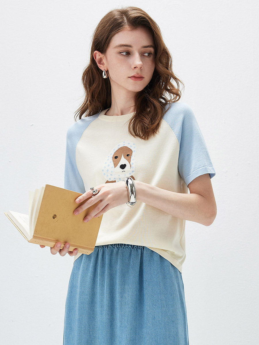 COMOBOCA Light Blue Women's Puppy Intarsia Raglan Sleeve Knit T-Shirt