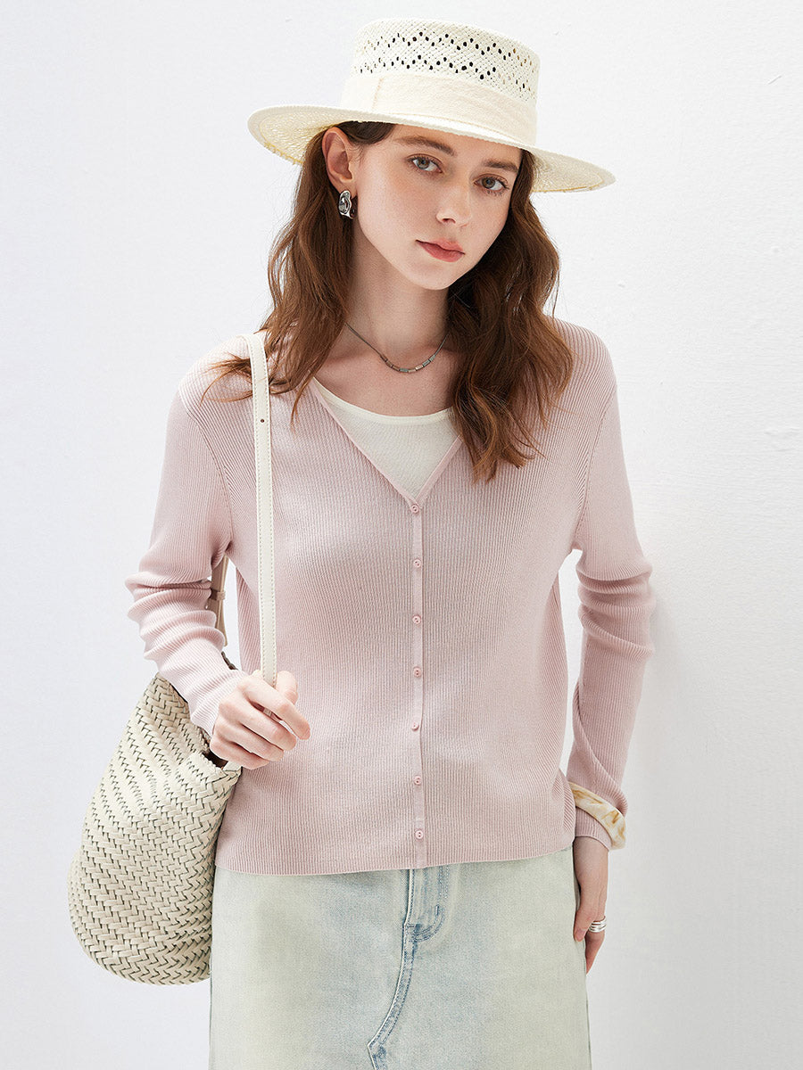 COMOBOCA Women's Ribbed Knit V-Neck Faux Cardigan