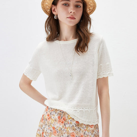 COMOBOCA Cloudy Women's Scalloped Lace Trim Knit T-Shirt