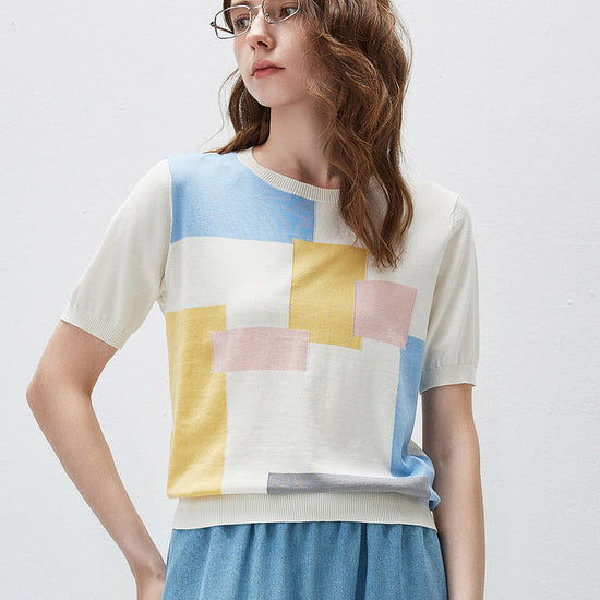 COMOBOCA Geometric Women's Geometric Color Block Fine Knit T-Shirt