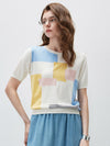 COMOBOCA Geometric Women's Geometric Color Block Fine Knit T-Shirt