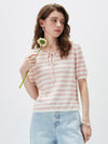 COMOBOCA Light Pink Women's Tie-Neck Striped Knit T-Shirt