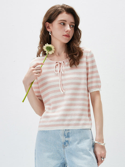 COMOBOCA Light Pink Women's Tie-Neck Striped Knit T-Shirt