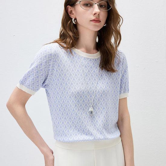 COMOBOCA Women's Geometric Monogram Intarsia Knit T-Shirt