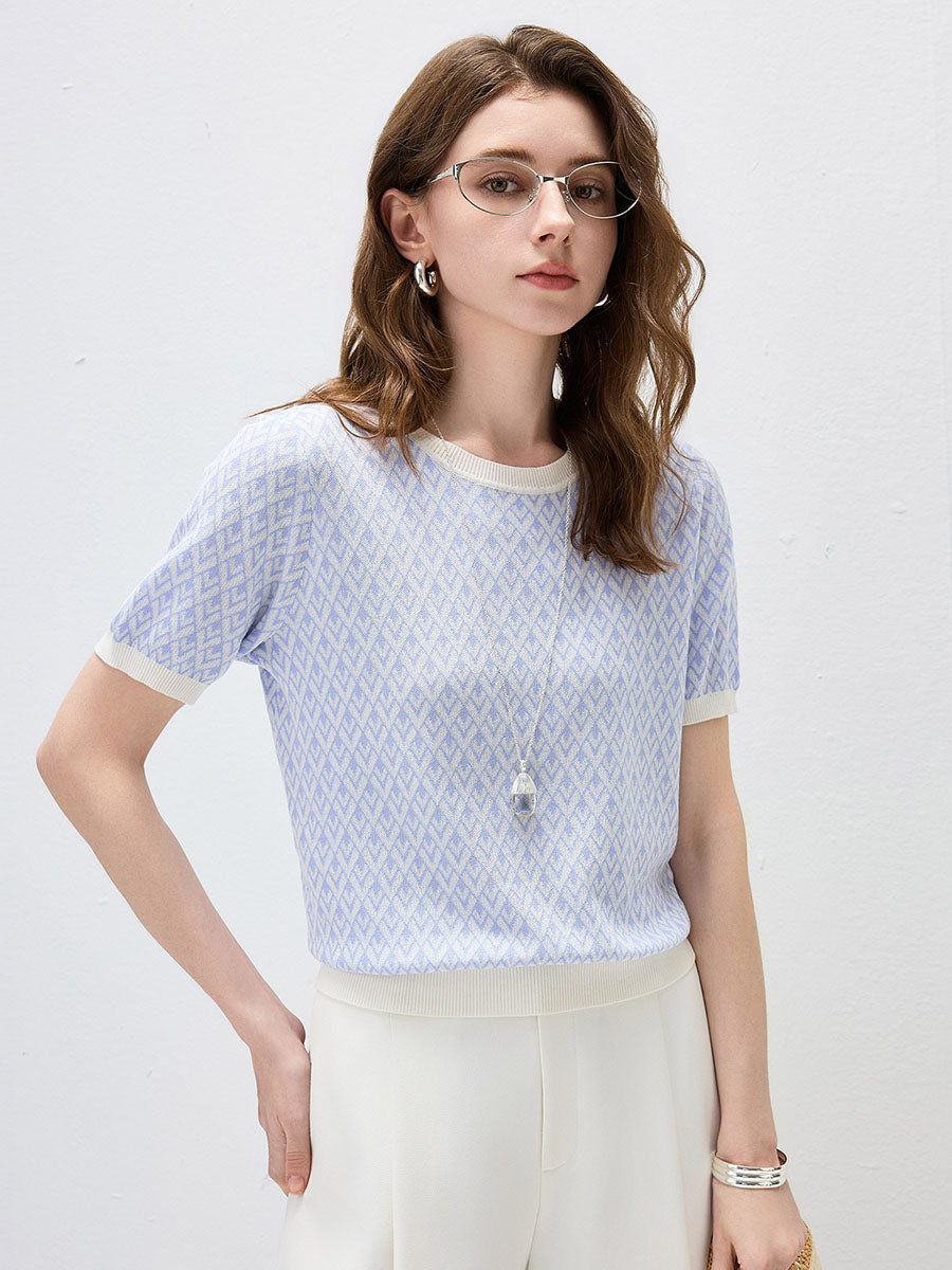 COMOBOCA Women's Geometric Monogram Intarsia Knit T-Shirt