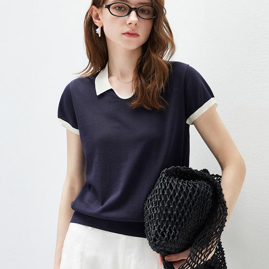 COMOBOCA Women's Contrast Collar V-Neck Knit Polo T-Shirt