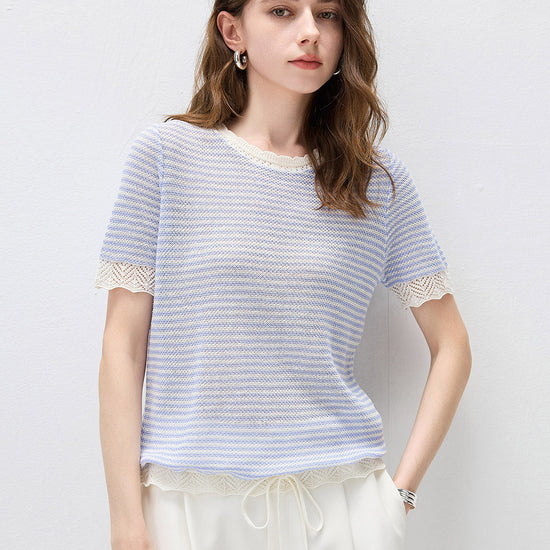 COMOBOCA Purple Women's Drawstring Striped Lace Trim Knit T-Shirt